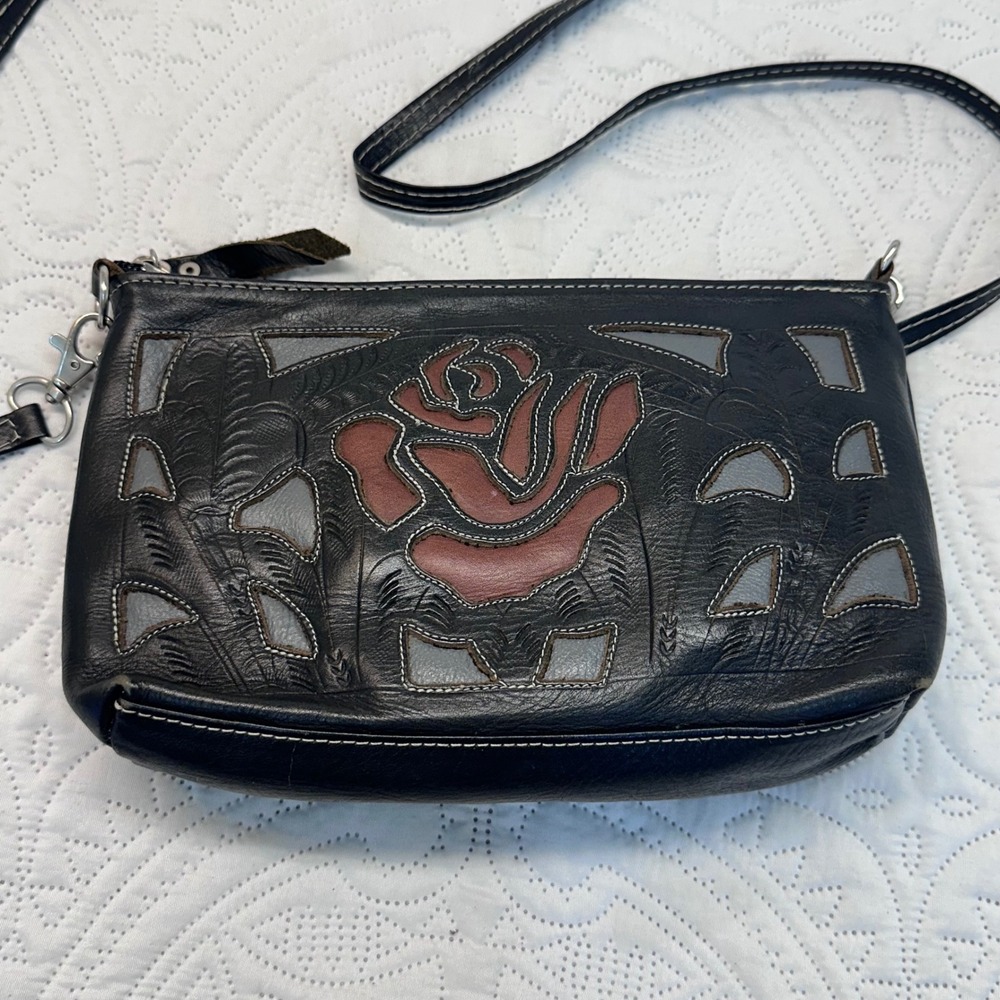 Handcrafted Tooled Leather Rose Cutout Crossbody Bag J.L. Saldiver